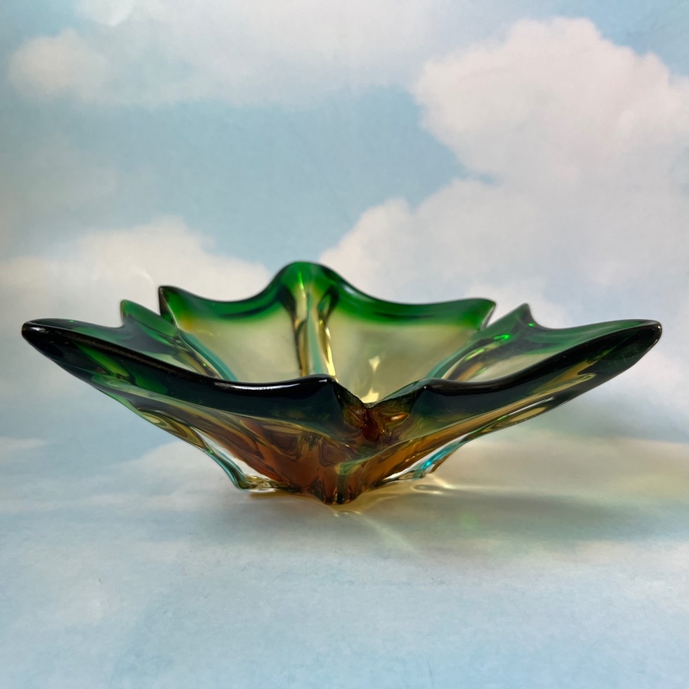 VINTAGE Dish Art Glass Art Deco Green Gold - Picture 1 of 10